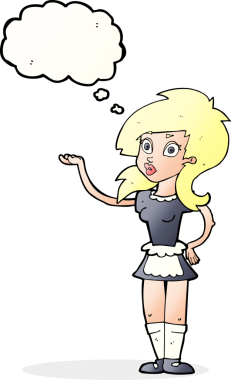 Bir insan tarafından çizilmiş düşünce kabarcığı olan güzel bir garson kız.