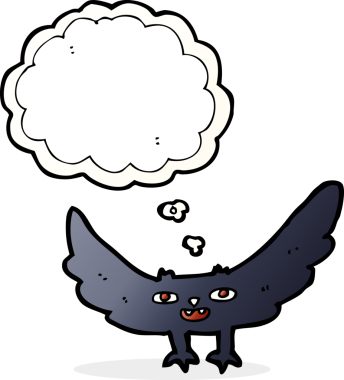 Bir insan tarafından çizilmiş düşünce baloncuklu korkunç vampir yarasa çizgi filmi.