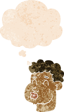 Düşünce baloncuğu ile çizgi film erkek yüzü bir insan tarafından çizilmiş grunge sıkıntılı retro desen