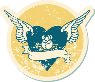 İkonik ıstıraplı dövme stili kanatlı kalp resmi bir insan tarafından çizilmiş bir gül ve bayrak.