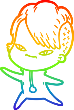 Gökkuşağı gradyan çizimi. Hipster saç kesimi bir insan tarafından çizilmiş şirin bir çizgi film kızı.