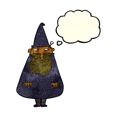 Bir insan tarafından çizilmiş düşünce baloncuğu olan çizgi film sihirbazı