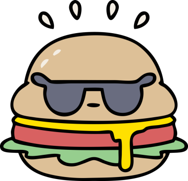 Bir insan tarafından çizilmiş güneş gözlüğü takan lezzetli bir burgerin karikatürü.