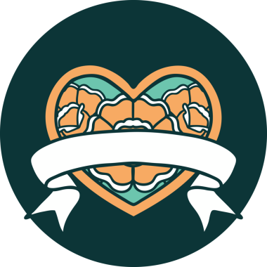 İkonik dövme stili bir kalp ve bir insan tarafından çizilmiş çiçekli pankart.