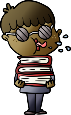 Kara gözlüklü çizgi film çocuğu bir insan tarafından çizilmiş kitapları taşıyor.