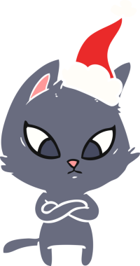 Bir insan tarafından çizilmiş Noel Baba şapkası takan bir kedinin düz renk çizimi.