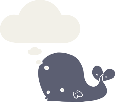 Düşünce baloncuğu olan karikatür balinası insan tarafından çizilmiş.