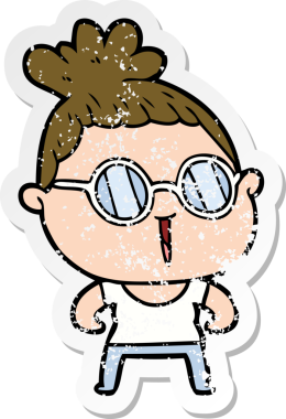 Bir insan tarafından çizilmiş gözlük takan sert bir kadının sıkıntılı çıkartması.