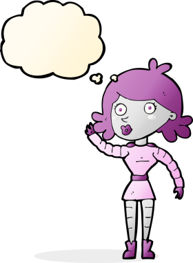 Bir insan tarafından çizilmiş düşünce balonuyla el sallayan robot kadın.