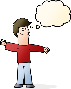 Bir insan tarafından çizilmiş düşünce balonlu mutlu adam çizgi filmi.