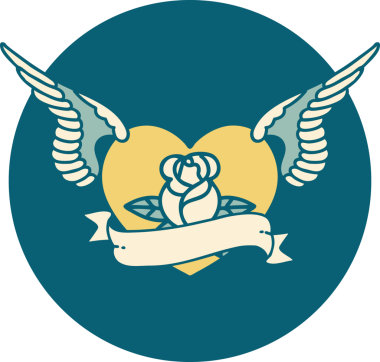 Bir insan tarafından çizilmiş çiçek ve bayrak ile uçan bir kalbin ikonik dövme görüntüsü