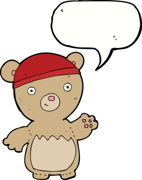 Bir insan tarafından çizilmiş konuşma balonlu şapka takan oyuncak ayı.