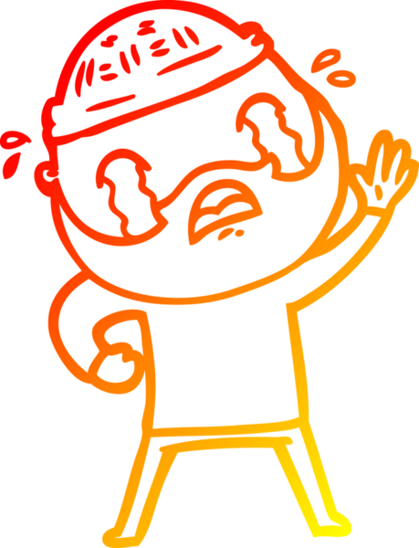 Bir insan tarafından çizilmiş, el sallayan ve ağlayan sakallı bir adamın çizgi film çizimi.