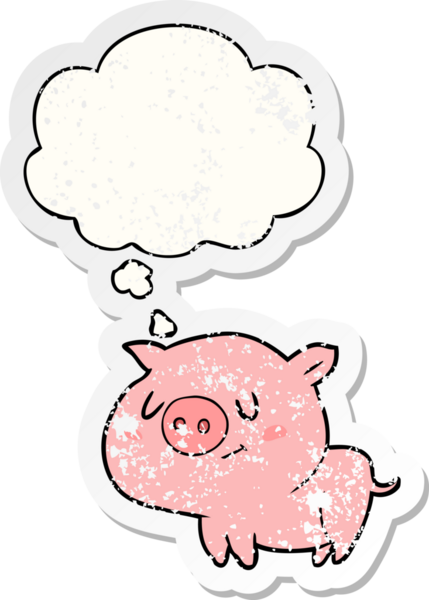 Düşünce baloncuklu çizgi film domuzu bir insan tarafından çizilmiş yıpranmış bir çıkartma.