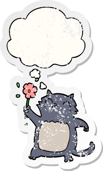 Düşünce baloncuklu çiçekli çizgi film kedisi insan tarafından çizilmiş yıpranmış bir çıkartma gibi.
