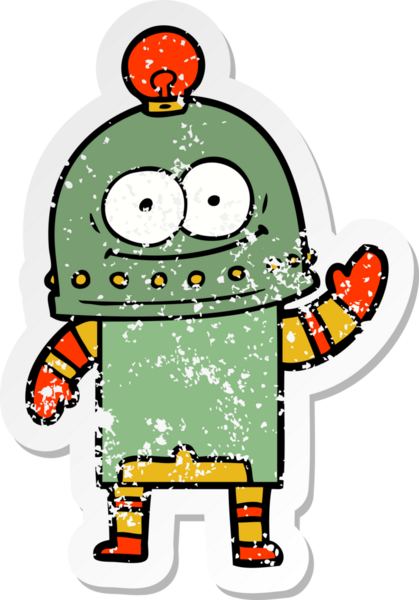 Bir insan tarafından çizilmiş ampullü mutlu bir robot çıkartması.