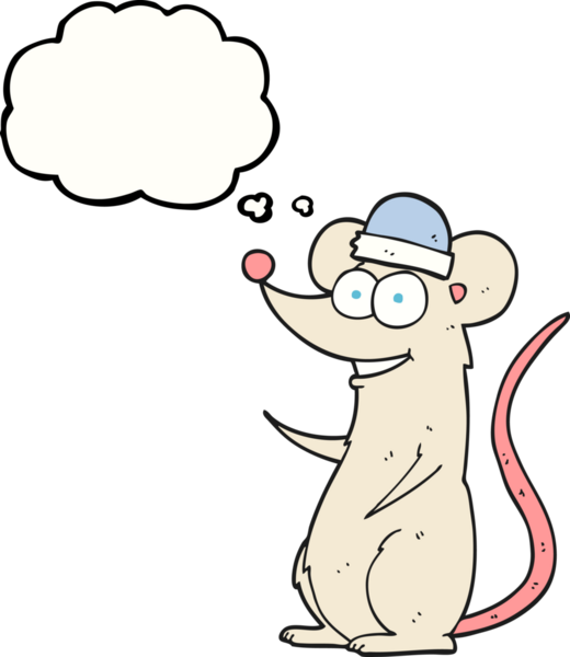 Bir insan tarafından çizilmiş serbest çizim düşünce balonu çizgi filmi mutlu fare