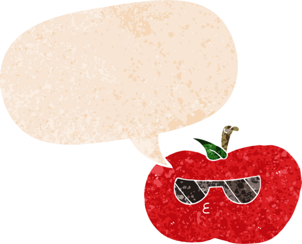 bir insan tarafından çizilmiş grunge sıkıntılı retro biçimli konuşma balonu ile çizgi film serin elma