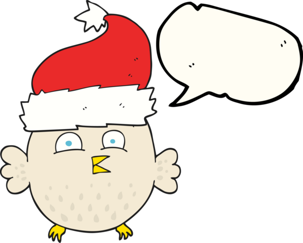 Bir insan tarafından çizilmiş noel şapkası giyen serbest konuşma balonu karikatürü baykuşu.