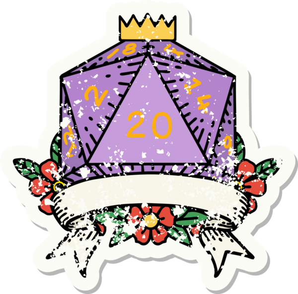 Bir insan tarafından çekilen 20 kritik vuruşluk D20 zar atımının grunge çıkartması.