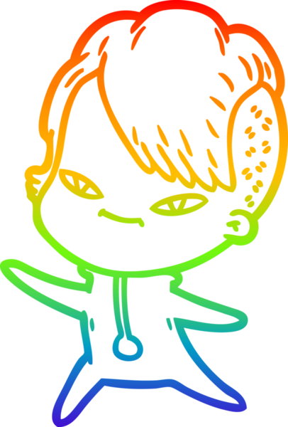 Gökkuşağı gradyan çizimi. Hipster saç kesimi bir insan tarafından çizilmiş şirin bir çizgi film kızı.