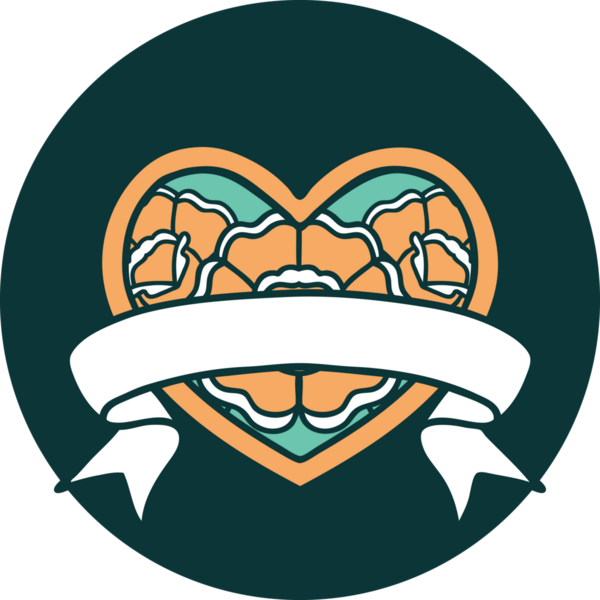 İkonik dövme stili bir kalp ve bir insan tarafından çizilmiş çiçekli pankart.