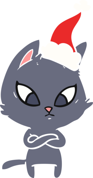 Bir insan tarafından çizilmiş Noel Baba şapkası takan bir kedinin düz renk çizimi.