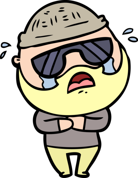 Bir insan tarafından çizilmiş güneş gözlüğü takıp ağlayan sakallı bir adam.