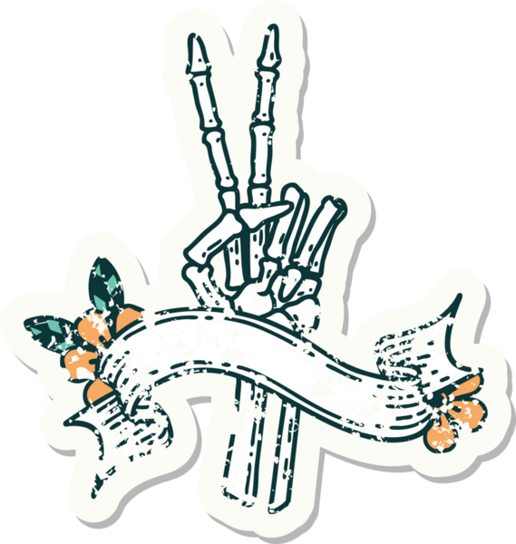 İskelet sancağıyla eski bir çıkartma. Bir insan tarafından çizilmiş barış işareti.