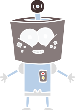 Bir insan tarafından çizilmiş mutlu düz renkli çizgi film robotu