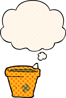 Bir insan tarafından çizilmiş, düşünce baloncuklu çizgi film saksısı.