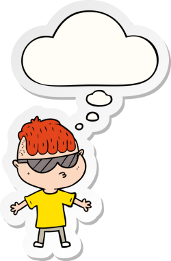 Düşünce balonlu güneş gözlüğü takan çizgi film çocuğu bir insan tarafından çizilmiş çıkartma gibi.