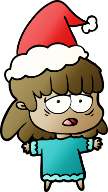 Bir insan tarafından çizilmiş Noel Baba şapkası giymiş yorgun bir kadının el çizimi karikatürü.