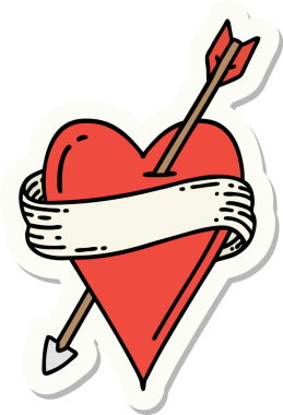 Bir insan tarafından çizilmiş ok kalp ve pankartın geleneksel stiliyle dövme çıkartması.