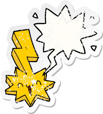 Karikatür yıldırımı ve konuşma baloncuğu bir insan tarafından çizilmiş sıkıntılı eski bir çıkartma