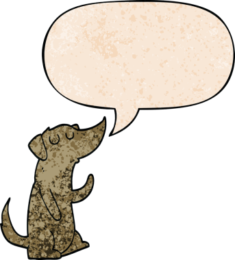 Konuşma baloncuğu olan çizgi film köpeği insan tarafından çizilmiş eski moda dokular.