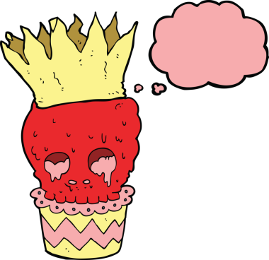 Bir insan tarafından çizilmiş düşünce baloncuklu ürkütücü kafatası kek çizgi filmi.