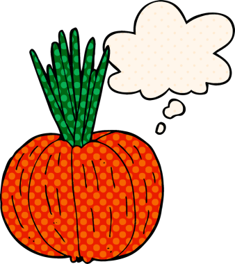Çizgi roman tarzında bir insan tarafından çizilmiş düşünce kabarcığı olan sebze çizgi filmi.