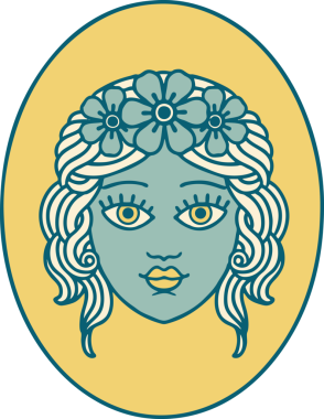 İkonik dövme stili. Bir insan tarafından çizilmiş çiçek tacıyla bir bakire resmi.