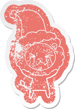 Bir insan tarafından çizilmiş Noel Baba şapkası takan ağlayan bir aslan çıkartması.