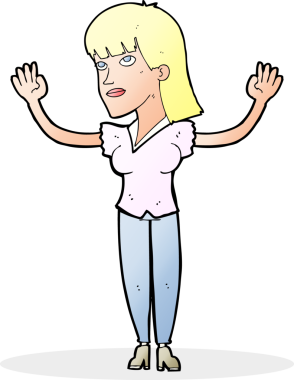 Çizgi filmdeki kadın bir insan tarafından çizilmiş elleri havaya fırlatıyor.