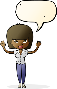 Bir insan tarafından çizilmiş konuşma baloncuğu olan ellerini kaldırmış çizgi film kadını.