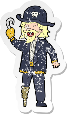 Bir insan tarafından çizilmiş korsan karikatür kaptanının sıkıntılı retro yapıştırması.