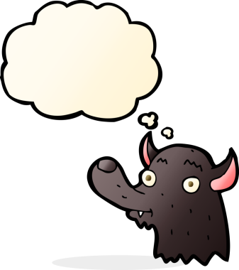 Bir insan tarafından çizilmiş düşünce balonlu mutlu kurt çizgi filmi.