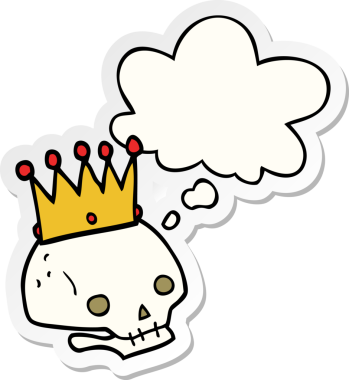 Düşünce baloncuklu taçlı karikatür kafatası insan tarafından çizilmiş bir çıkartma.