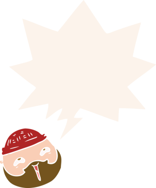 Çizgi film erkek yüzü, sakallı, konuşma baloncuklu, eski tarz bir insan tarafından çizilmiş.