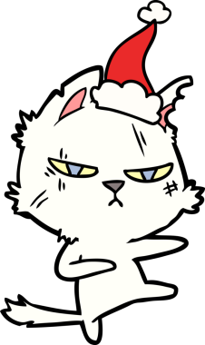 Bir insan tarafından çizilmiş Noel Baba şapkası takan bir kedi çizilmiş.