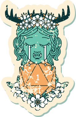 Retro Dövme Tarzı Hüzünlü Yarı Ork Druid Karakteri Bir zar bir insan tarafından çizilmiş