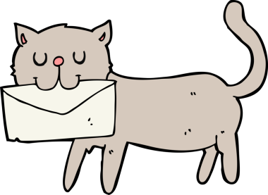 Bir insan tarafından çizilmiş bir mektup taşıyan çizgi film kedisi.