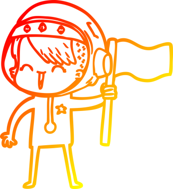 Bir insan tarafından çizilmiş bayrağı tutan mutlu bir uzay kızının çizgi çizimi